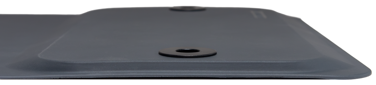 Close-up of a dark gray polyurethane fitnessmat, thinner than usual with an impact pad and grommets near the top.