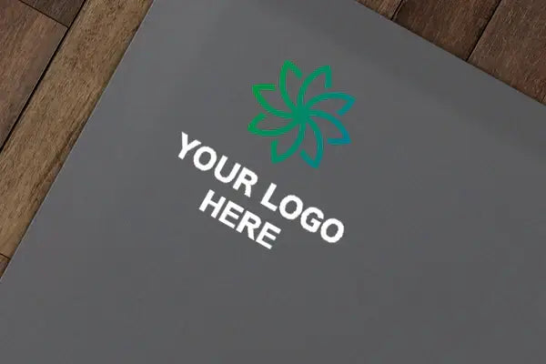 Image displaying custom branding with a logo design on a gray background, highlighting Custom Branding.