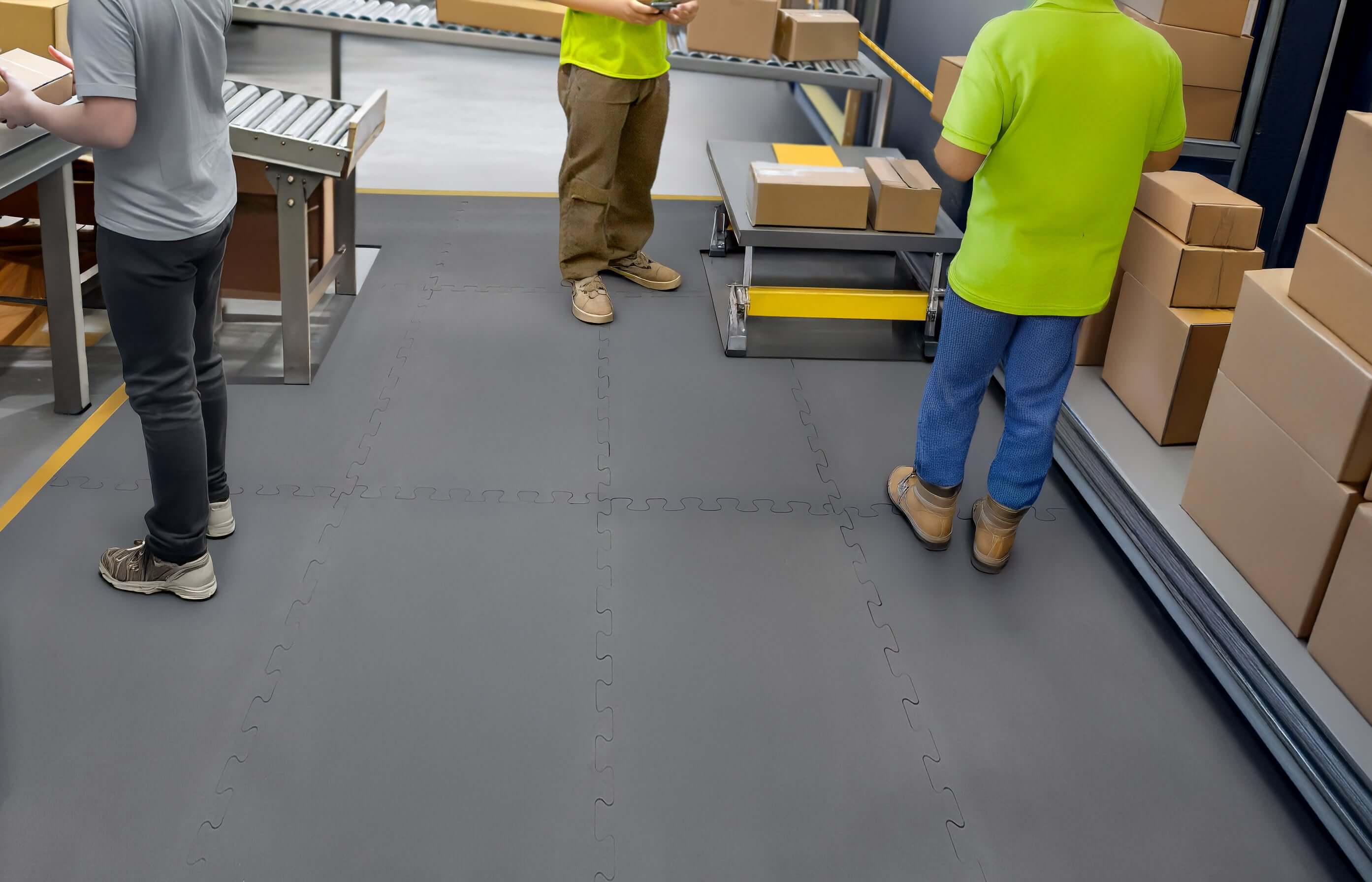 Workers in a warehouse sorting packages on a dark grey floor, showcasing a busy SUPREME CUSTOM environment.